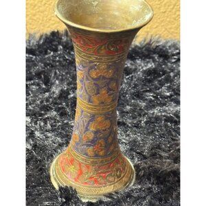 Handcrafted Brass Vase With Intricate Floral Design & Red/Blue Accents